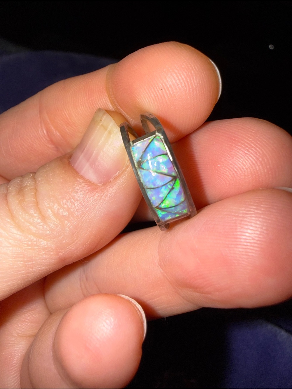 Vintage Silver Opal Inlay Women's Band - Green Blue Opal Size 6